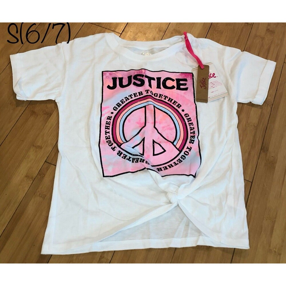 Justice Girls Size S 6/7 White Peace Sign T-Shirt Greater Together Tie Front NWT
